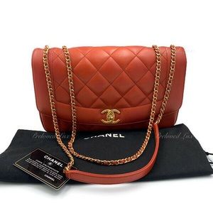 Authentic CHANEL Orange Red Lambskin Reissue Medium Diana Flap Crossbody Bag Gol
